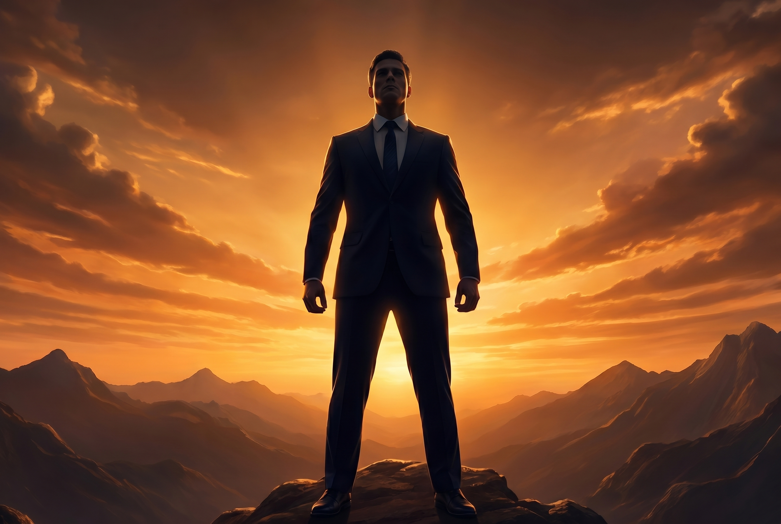 Man standing on mountain peak at golden sunrise