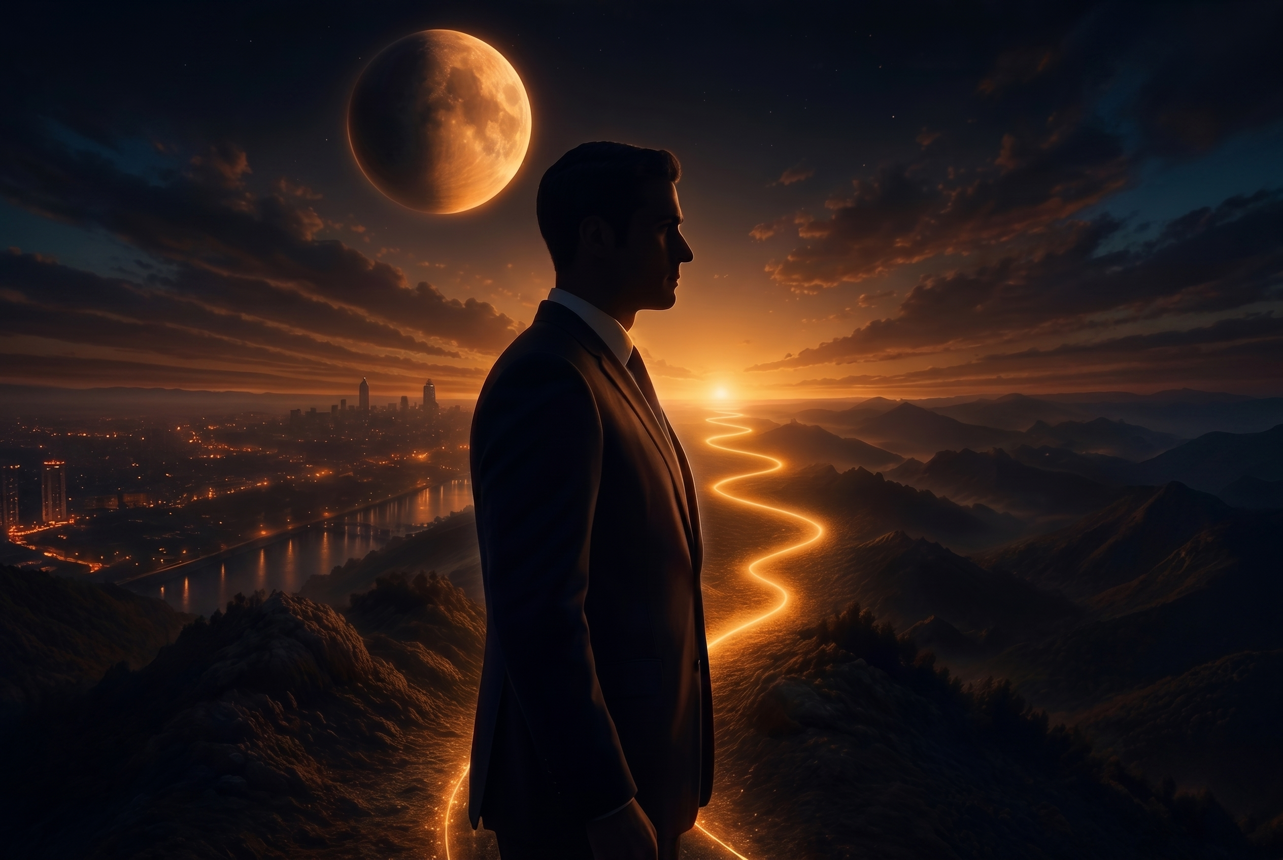 Portrait with glowing city path and crescent moon