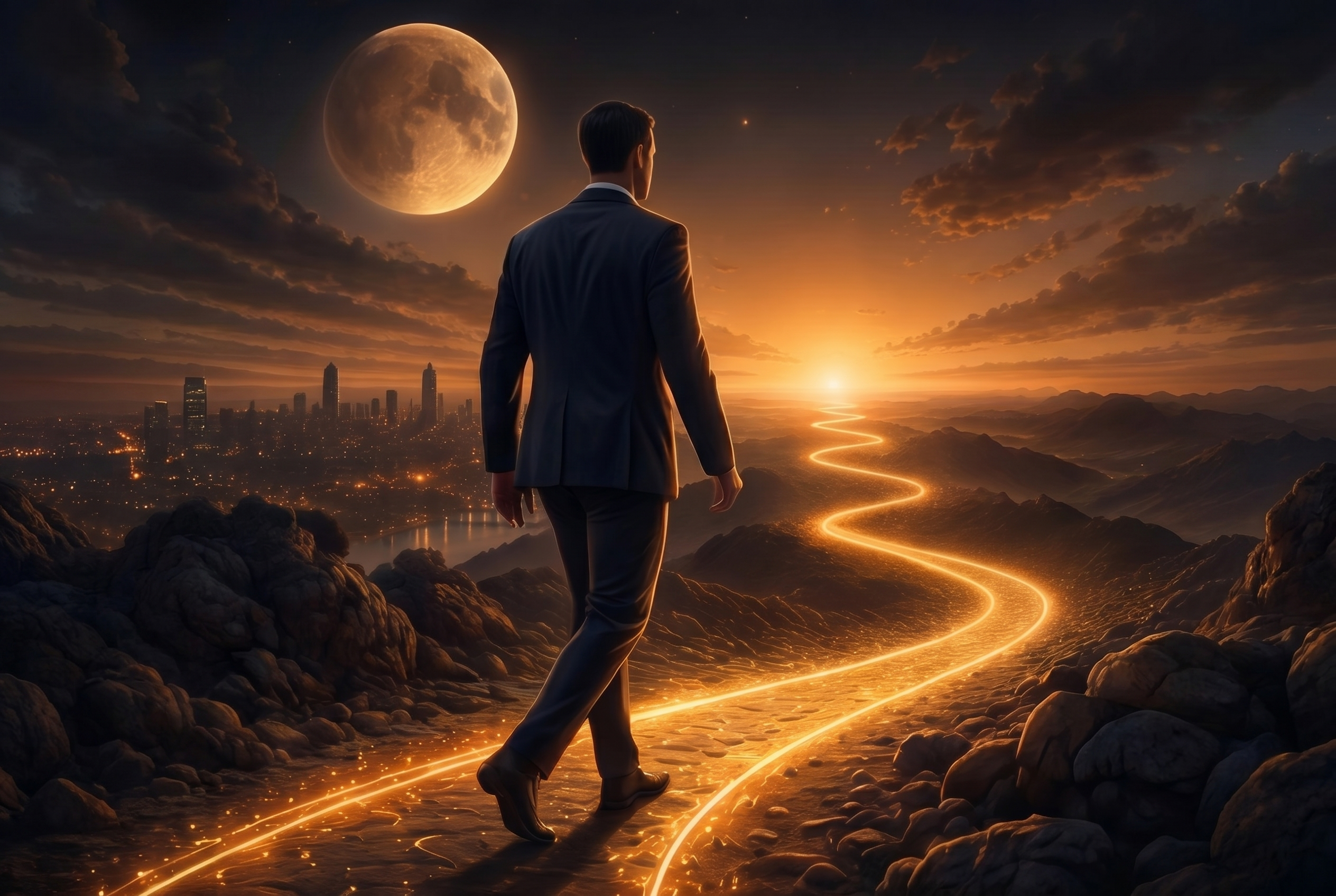 A figure walking toward the light — the path forward, built with intention